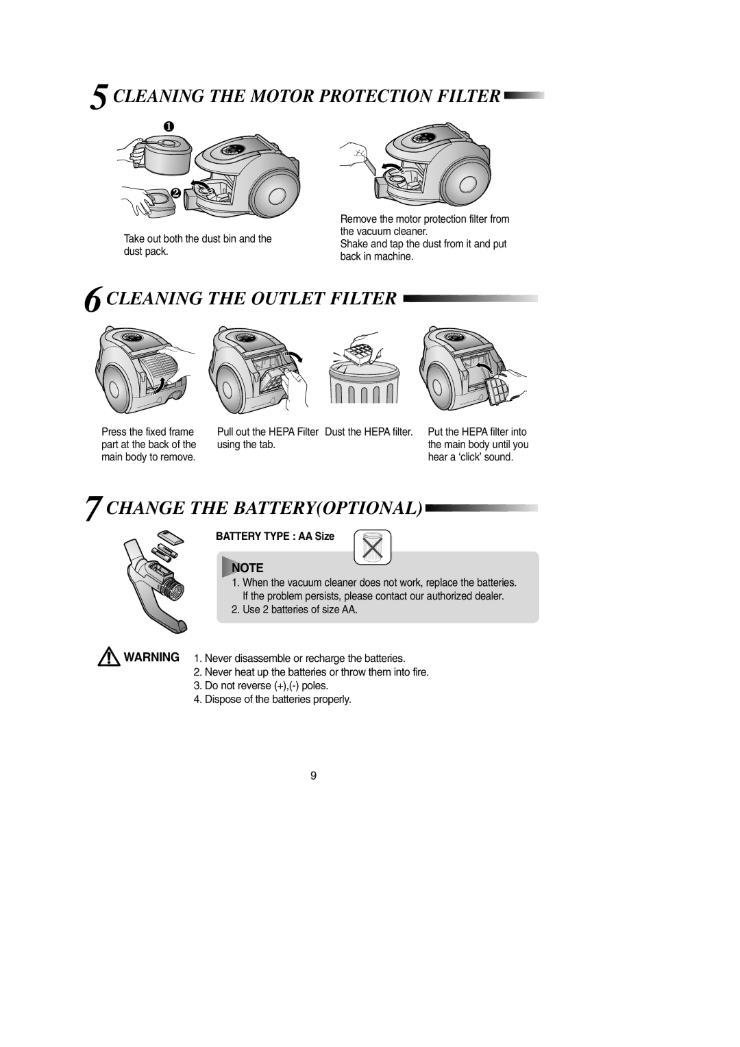 Samsung VCC6630H3S/PIC 5CLEANING the Motor Protection Filter, 6CLEANING the Outlet Filter, 7CHANGE the Batteryoptional 