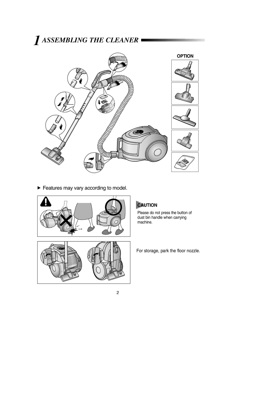 Samsung VCC6630H3S/XEV, VCC6630H3S/PIC, VCC6630H3S/SML manual 1ASSEMBLING the Cleaner, Option 