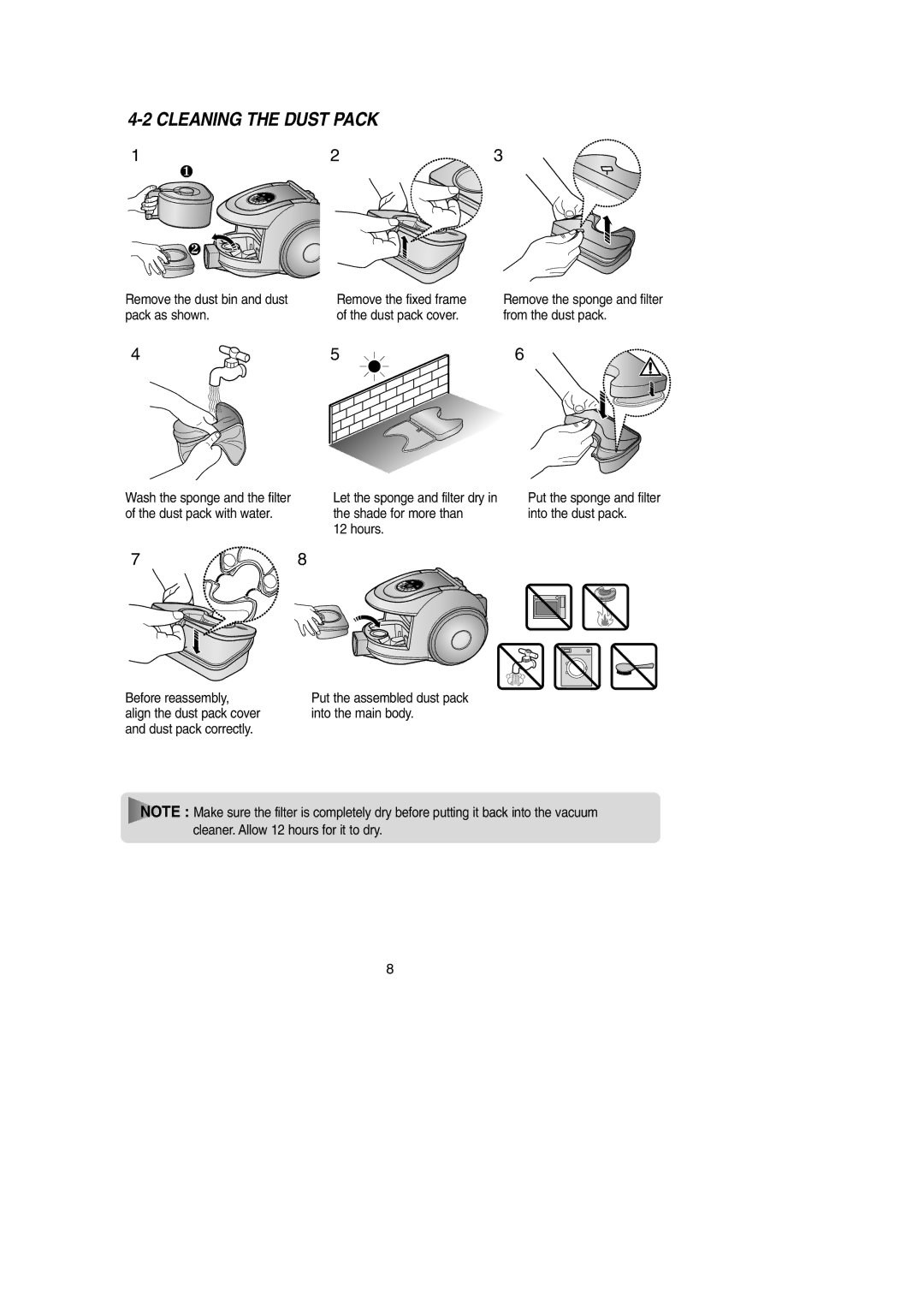 Samsung VCC6630H3S/XEV, VCC6630H3S/PIC manual Cleaning the Dust Pack, Pack as shown Dust pack cover From the dust pack 