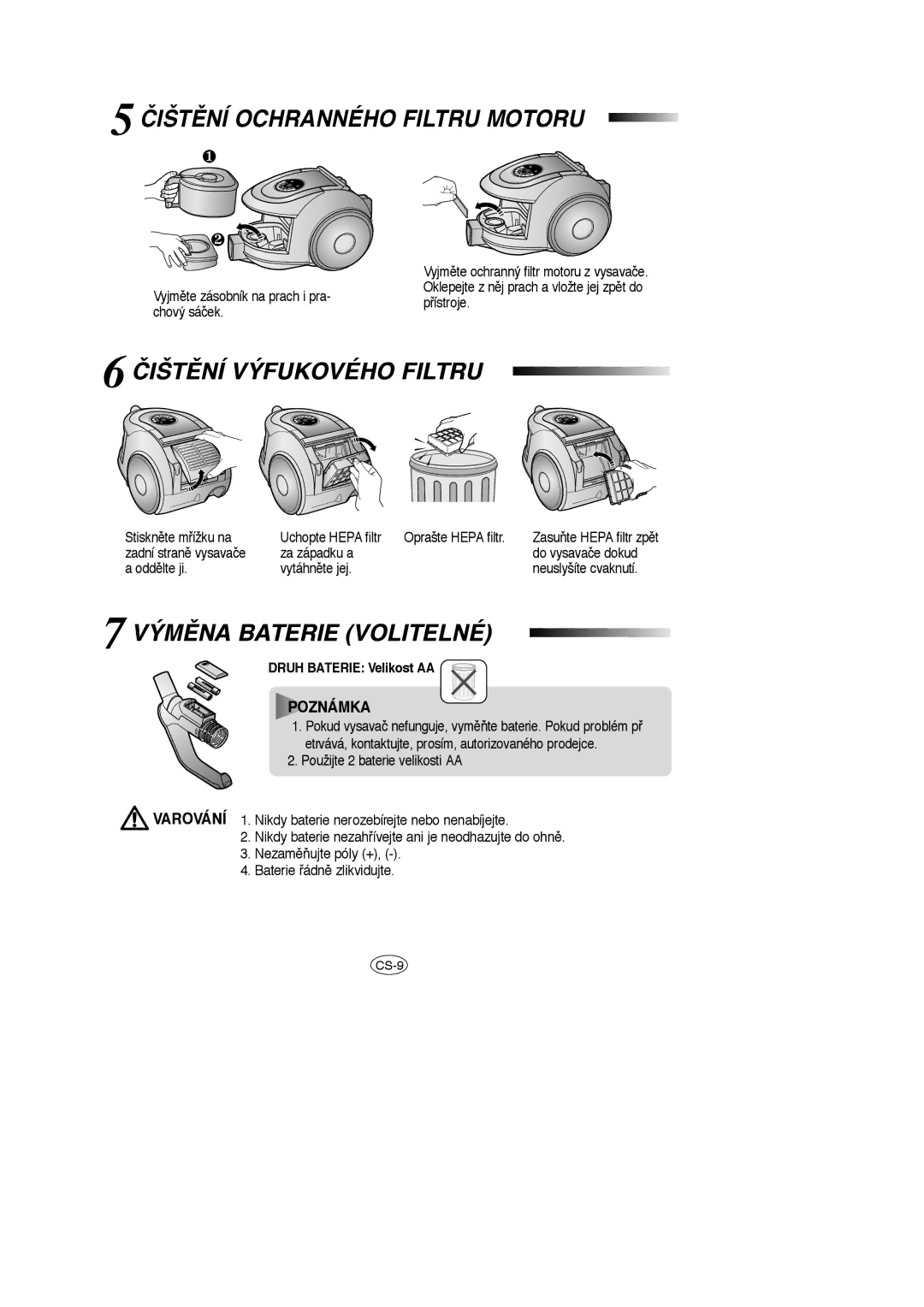 Samsung VCC6631H3S/XEH, VCC6631H3K/XEF, VCC6651H3K/XEH manual ČIŠTùNÍ Ochranného Filtru Motoru 