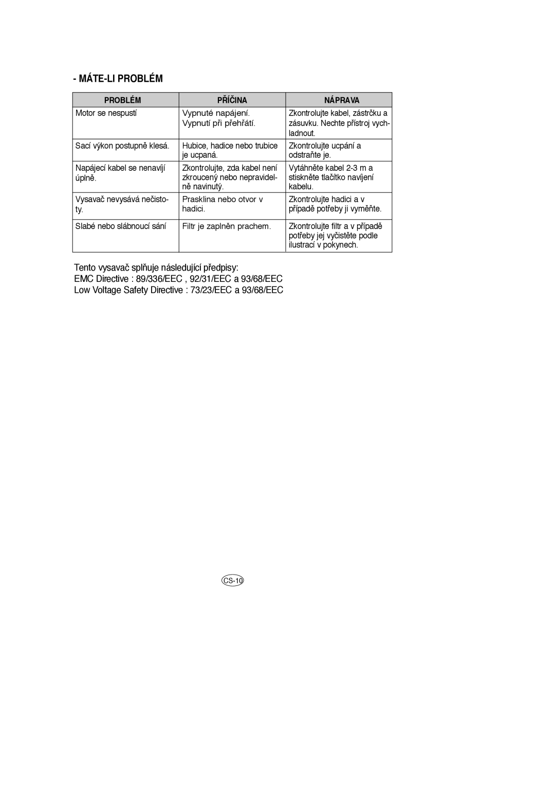 Samsung VCC6651H3K/XEH, VCC6631H3K/XEF, VCC6631H3S/XEH manual MÁTE-LI Problém, Problém ¤ÍČINA Náprava 