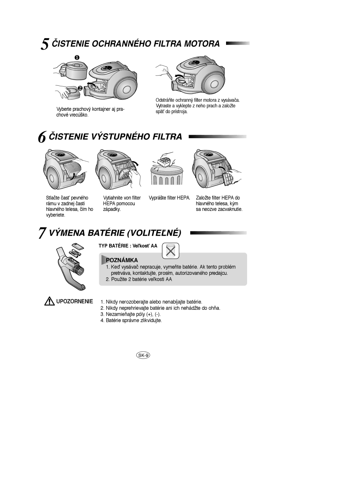 Samsung VCC6631H3S/XEH, VCC6631H3K/XEF, VCC6651H3K/XEH manual Čistenie Ochranného Filtra Motora, Čistenie Výstupného Filtra 