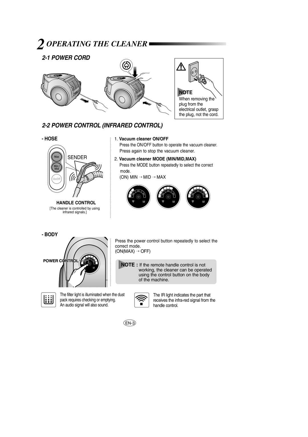 Samsung VCC6631H3S/XEH, VCC6631H3K/XEF, VCC6651H3K/XEH manual 2OPERATING the Cleaner 