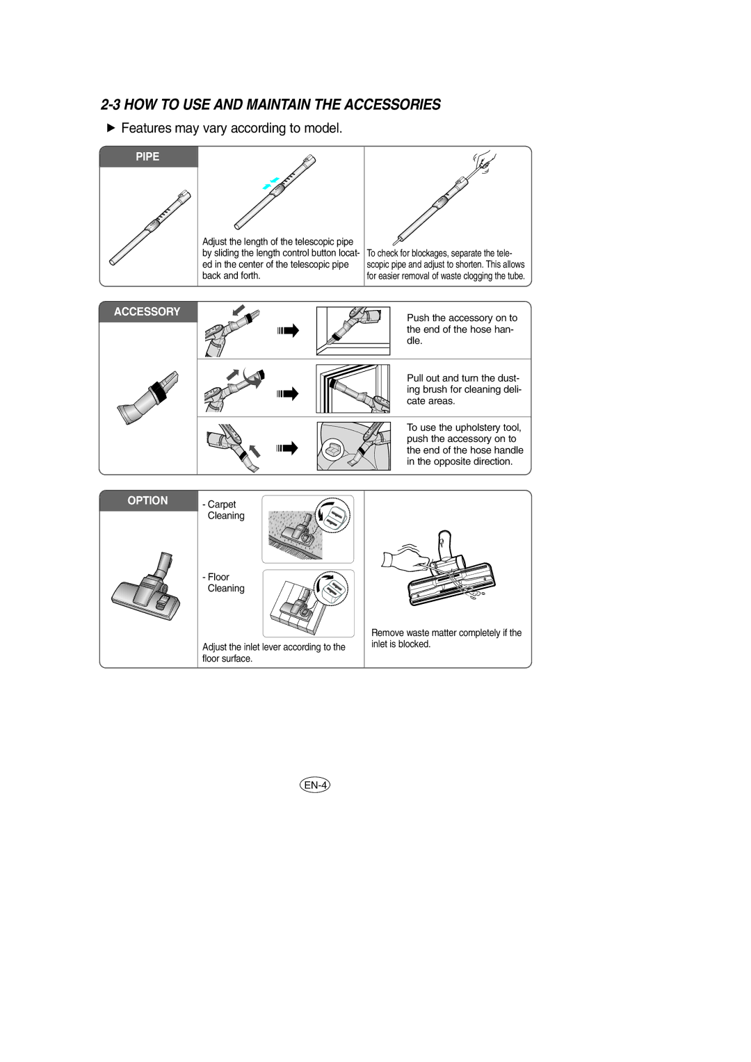 Samsung VCC6651H3K/XEH, VCC6631H3K/XEF, VCC6631H3S/XEH manual HOW to USE and Maintain the Accessories 