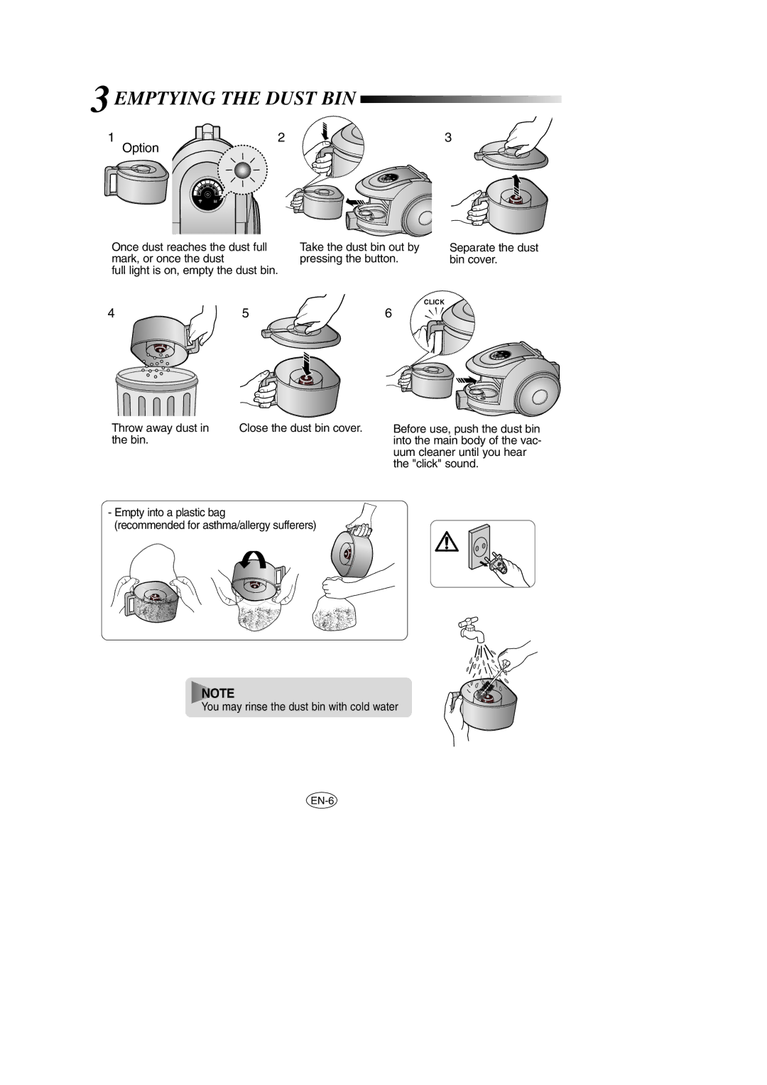 Samsung VCC6631H3S/XEH, VCC6631H3K/XEF, VCC6651H3K/XEH manual 3EMPTYING the Dust BIN 