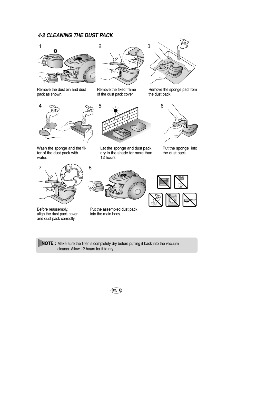 Samsung VCC6631H3K/XEF, VCC6631H3S/XEH, VCC6651H3K/XEH manual Cleaning the Dust Pack 