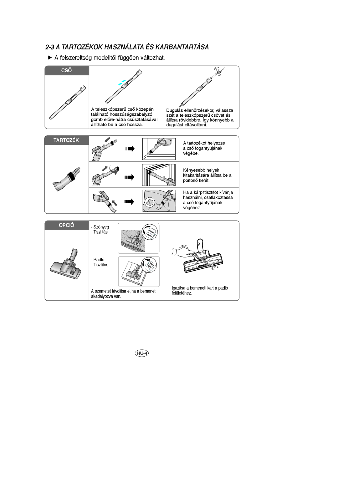 Samsung VCC6651H3K/XEH, VCC6631H3K/XEF, VCC6631H3S/XEH manual Tartozékok Használata ÉS Karbantartása, CSÃ Tartozék 