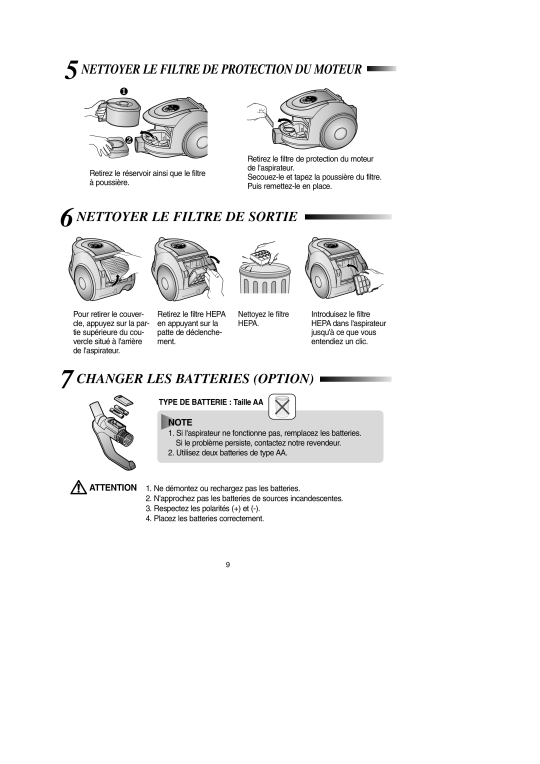 Samsung VCC6631H3K/XEF manual Nettoyer LE Filtre DE Protection DU Moteur, Nettoyer LE Filtre DE Sortie 