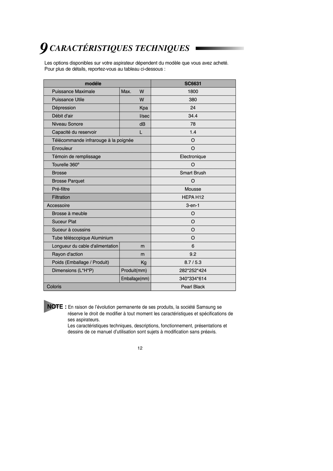 Samsung VCC6631H3K/XEF manual Caractéristiques Techniques 