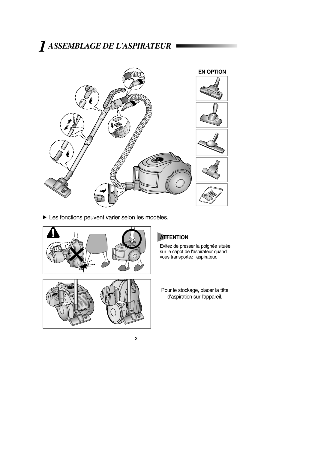 Samsung VCC6631H3K/XEF manual Assemblage DE Laspirateur, Les fonctions peuvent varier selon les modèles 