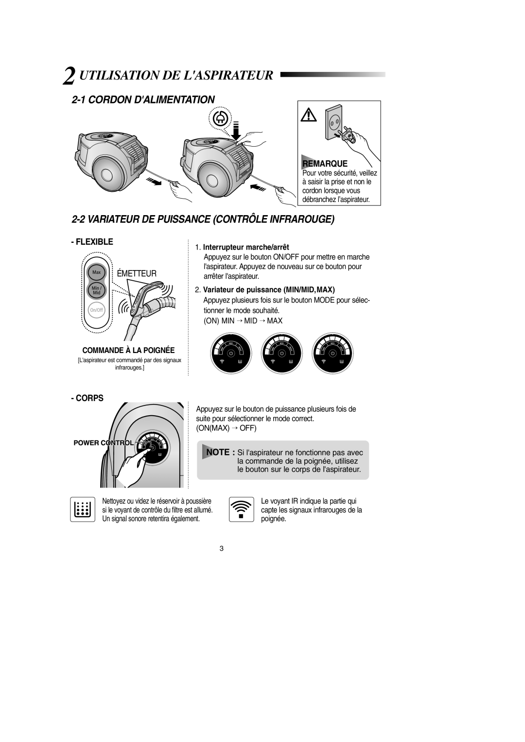 Samsung VCC6631H3K/XEF manual Utilisation DE Laspirateur, Cordon Dalimentation 