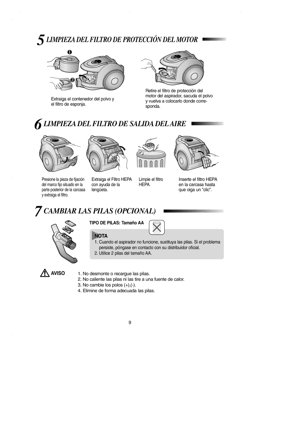 Samsung VCC6650H3S/XEC manual Limpieza DEL Filtro DE Protección DEL Motor, Limpieza DEL Filtro DE Salida DEL Aire 