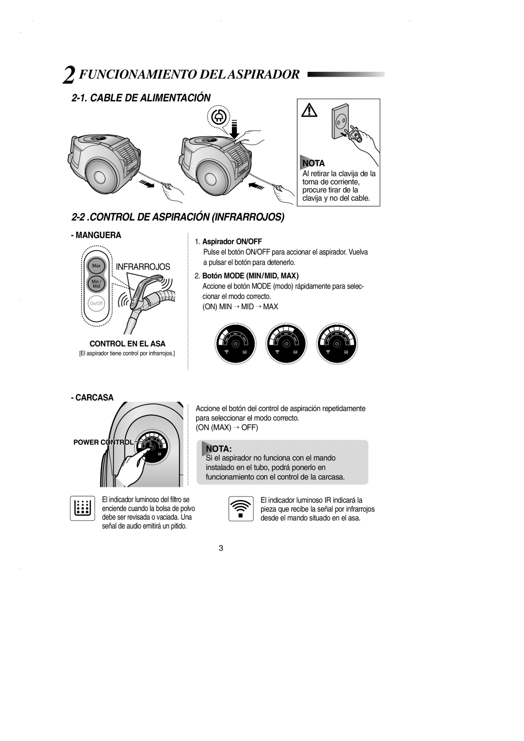 Samsung VCC6650H3S/XEC manual Funcionamiento DEL Aspirador, Cable DE Alimentación, Control DE Aspiración Infrarrojos 