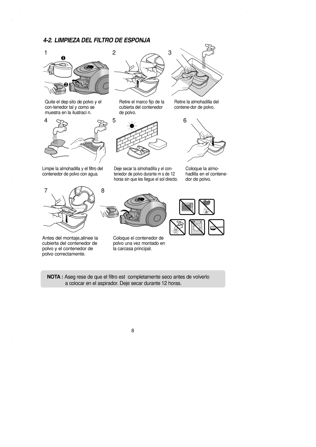 Samsung VCC6650H3S/XEC manual Limpieza DEL Filtro DE Esponja, De polvo 