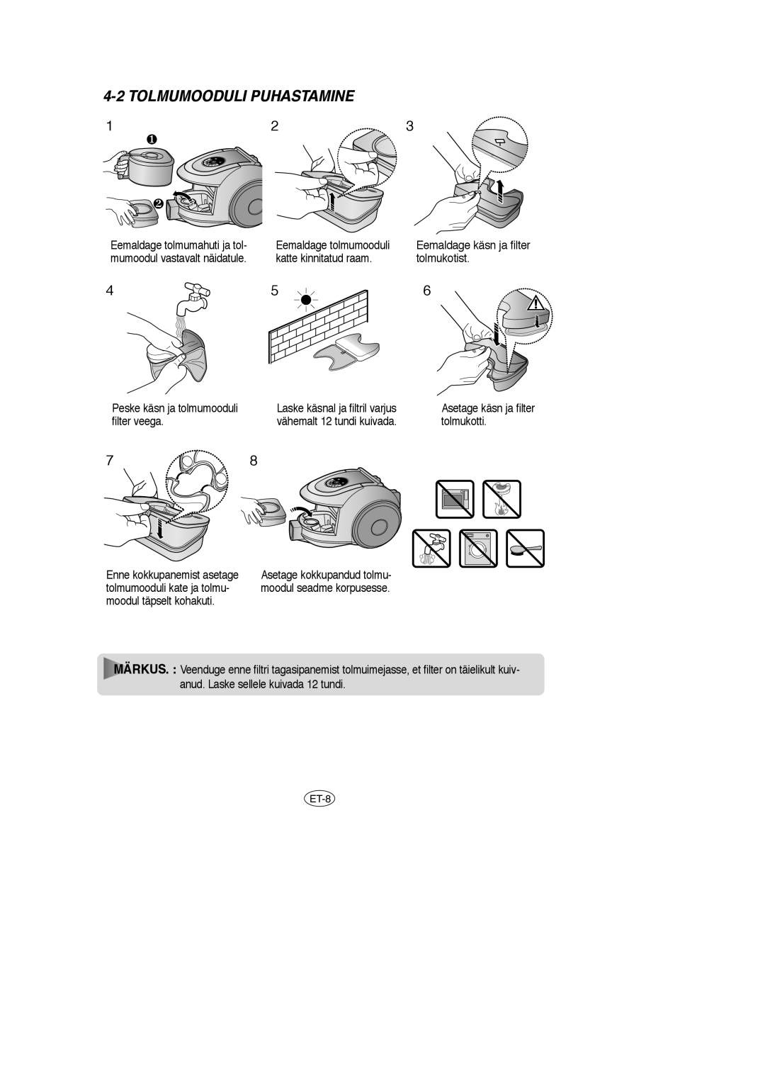 Samsung VCC6650H3K/XEV, VCC6657H3K/XEV, VCC6650H3K/SBW, VCC6658H3C/XEV, VCC6657H3C/XEV manual Tolmumooduli Puhastamine 