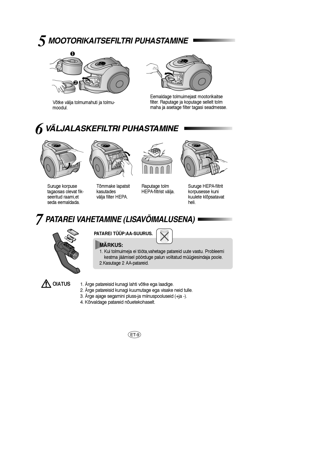 Samsung VCC6630H3S/XEV Mootorikaitsefiltri Puhastamine, Väljalaskefiltri Puhastamine, Patarei Vahetamine Lisavõimalusena 