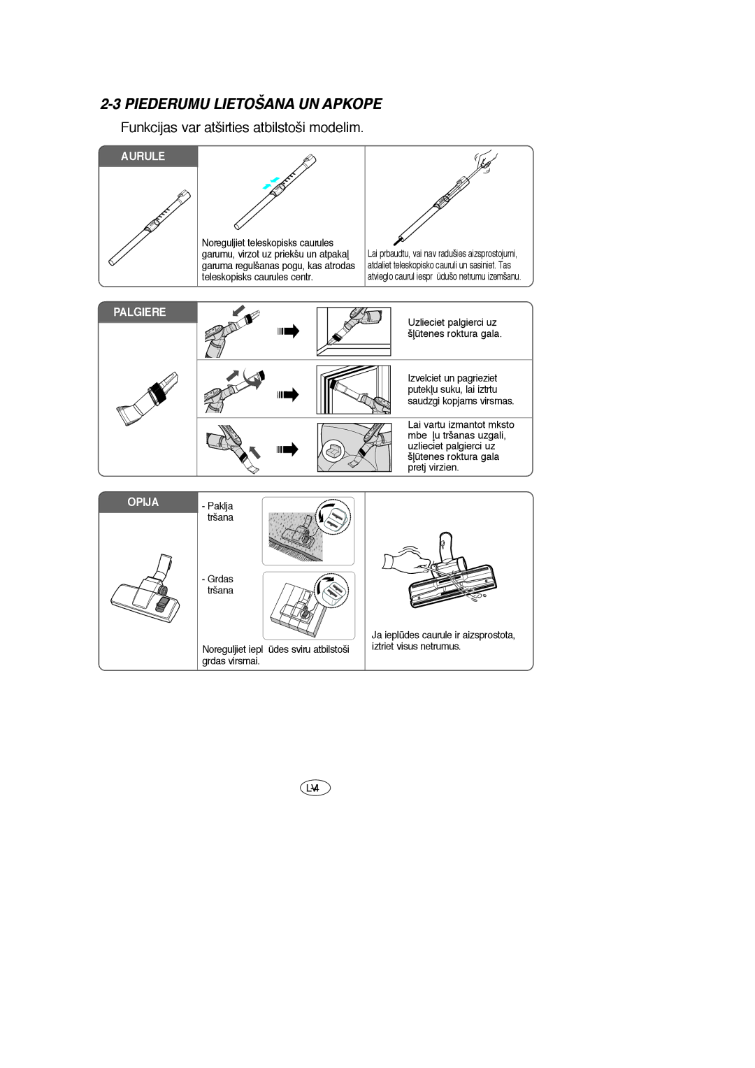 Samsung VCC6630H3S/SBW, VCC6657H3K/XEV manual Piederumu Lietošana UN Apkope, Funkcijas var atšÞirties atbilstoši modelim 