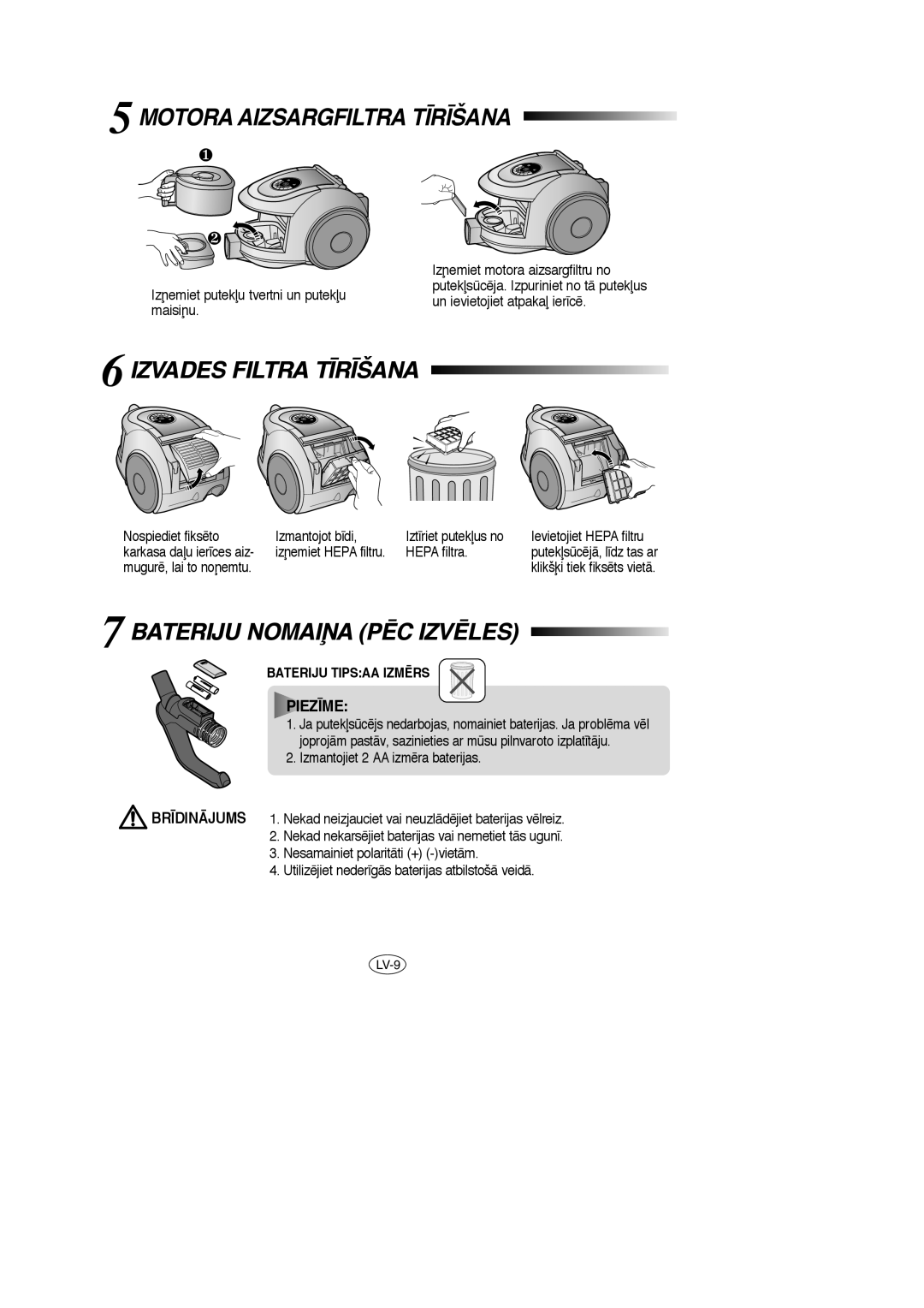 Samsung VCC6658H3C/XEV, VCC6657H3K/XEV, VCC6650H3K/SBW manual Motora Aizsargfiltra T±R±ŠANA, Izvades Filtra T±R±ŠANA 