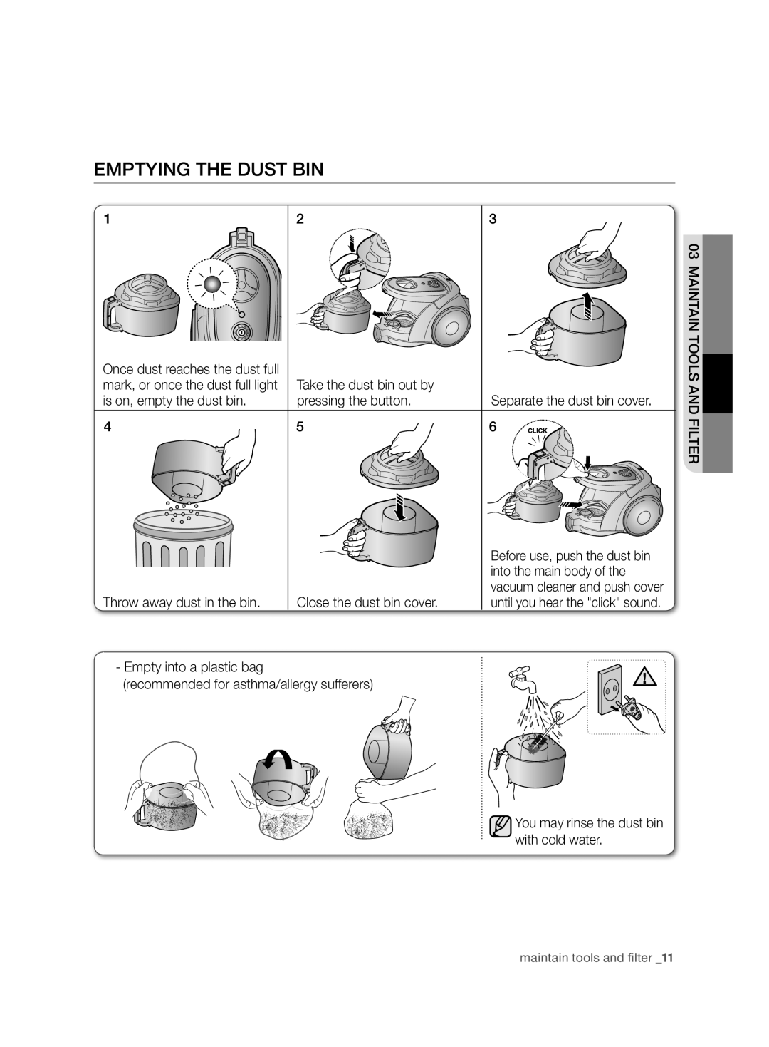 Samsung VCC6750V31/XEE, VCC6750V3R/XEE manual Emptying the dust bin 