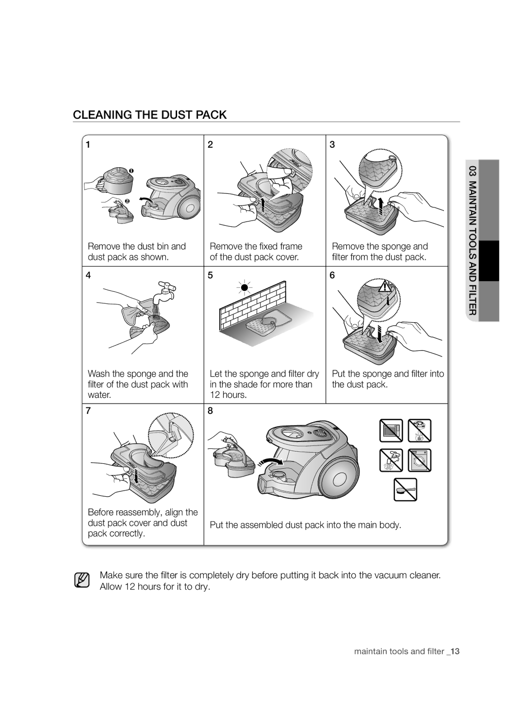 Samsung VCC6750V31/XEE, VCC6750V3R/XEE manual Cleaning the Dust Pack 