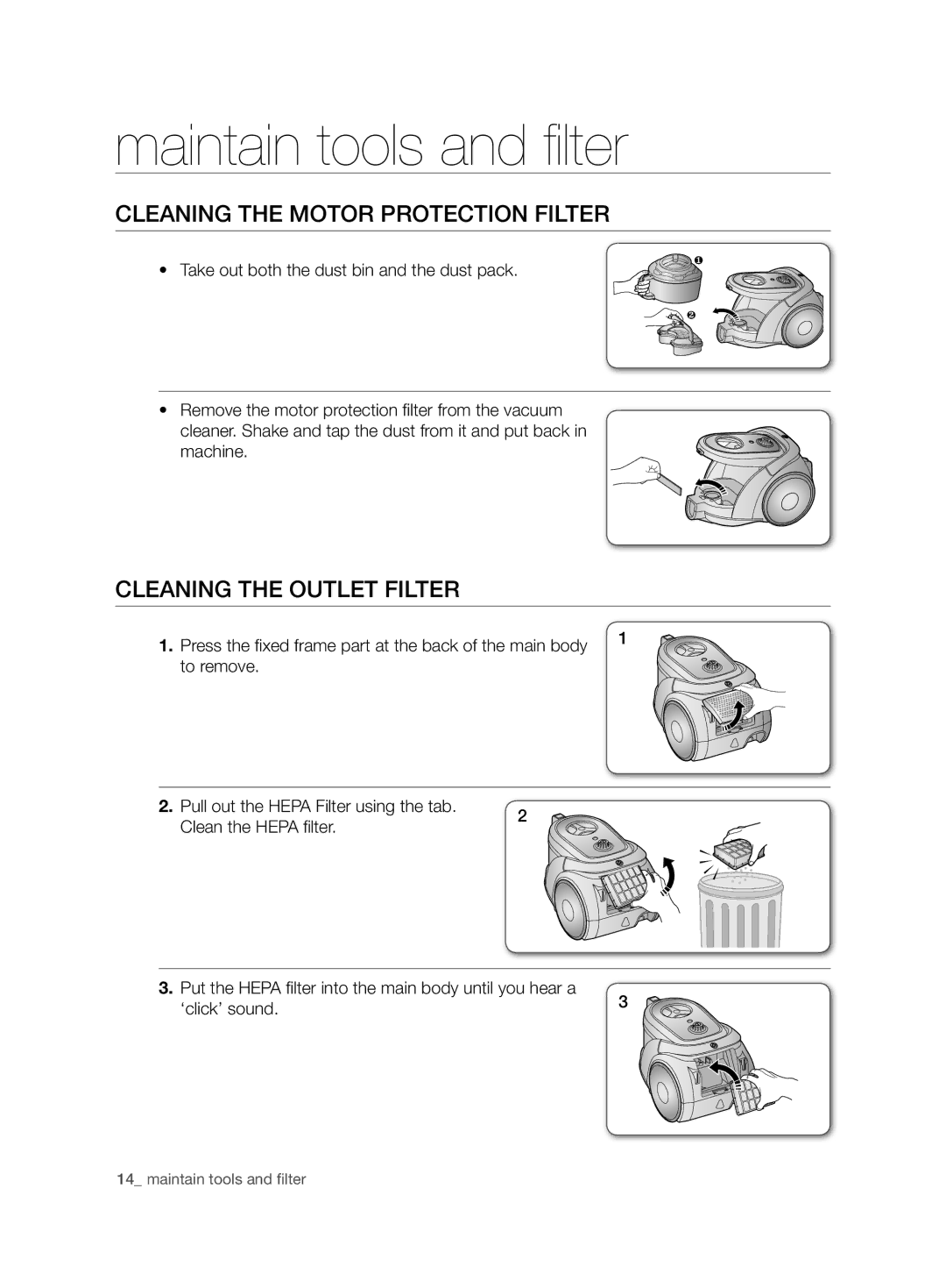 Samsung VCC6750V3R/XEE, VCC6750V31/XEE manual Cleaning the motor protection filter, Cleaning the outlet filter 