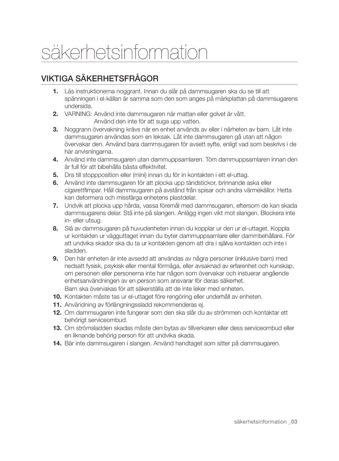 Samsung VCC6750V31/XEE, VCC6750V3R/XEE manual Viktiga säkerhetsfrågor 