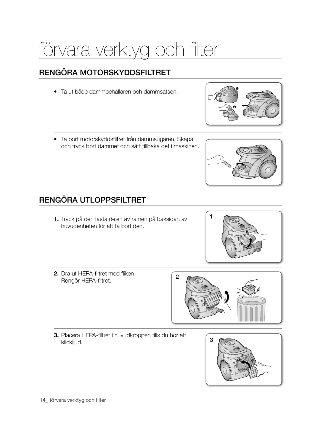 Samsung VCC6750V3R/XEE, VCC6750V31/XEE manual Rengöra motorskyddsfiltret, Rengöra utloppsfiltret 