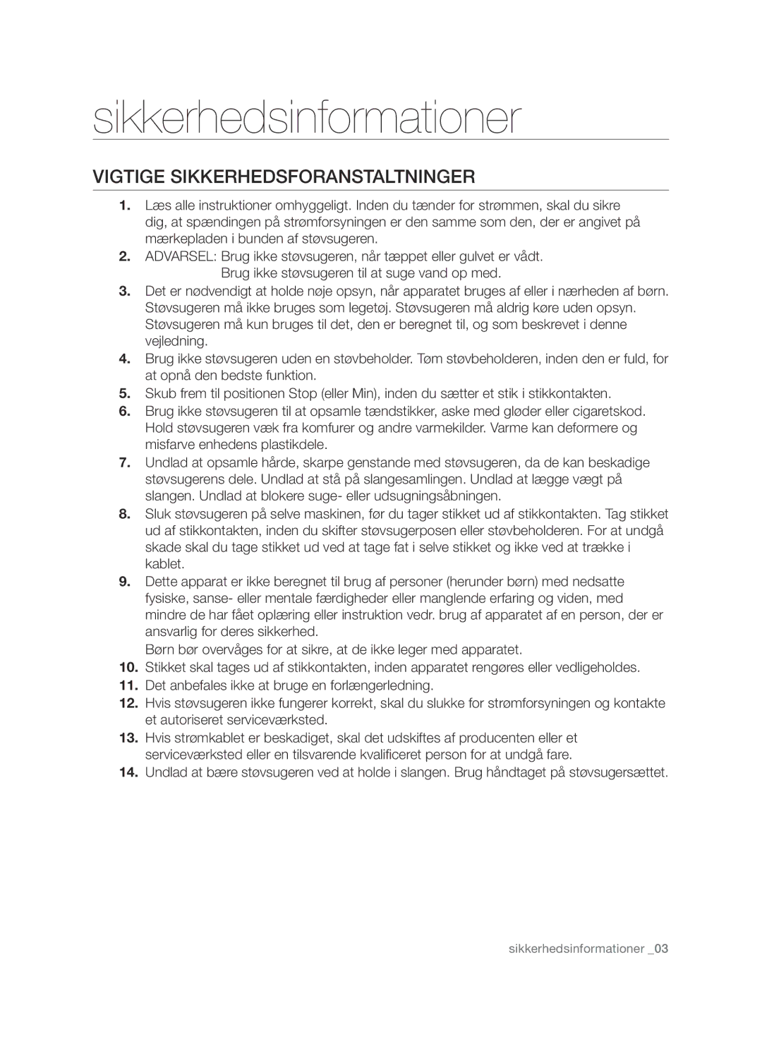 Samsung VCC6750V31/XEE, VCC6750V3R/XEE manual Vigtige sikkerhedsforanstaltninger 