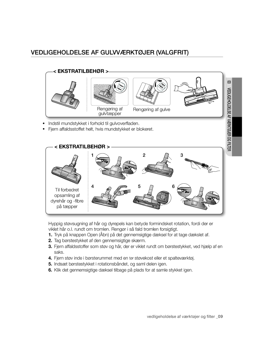 Samsung VCC6750V31/XEE, VCC6750V3R/XEE manual Vedligeholdelse af gulvværktøjer valgfrit, Ekstratilbehør 