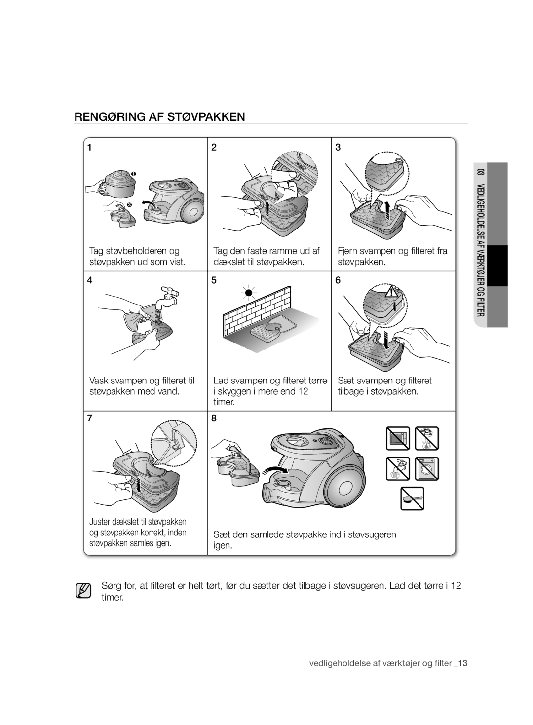 Samsung VCC6750V31/XEE, VCC6750V3R/XEE manual Rengøring AF Støvpakken 