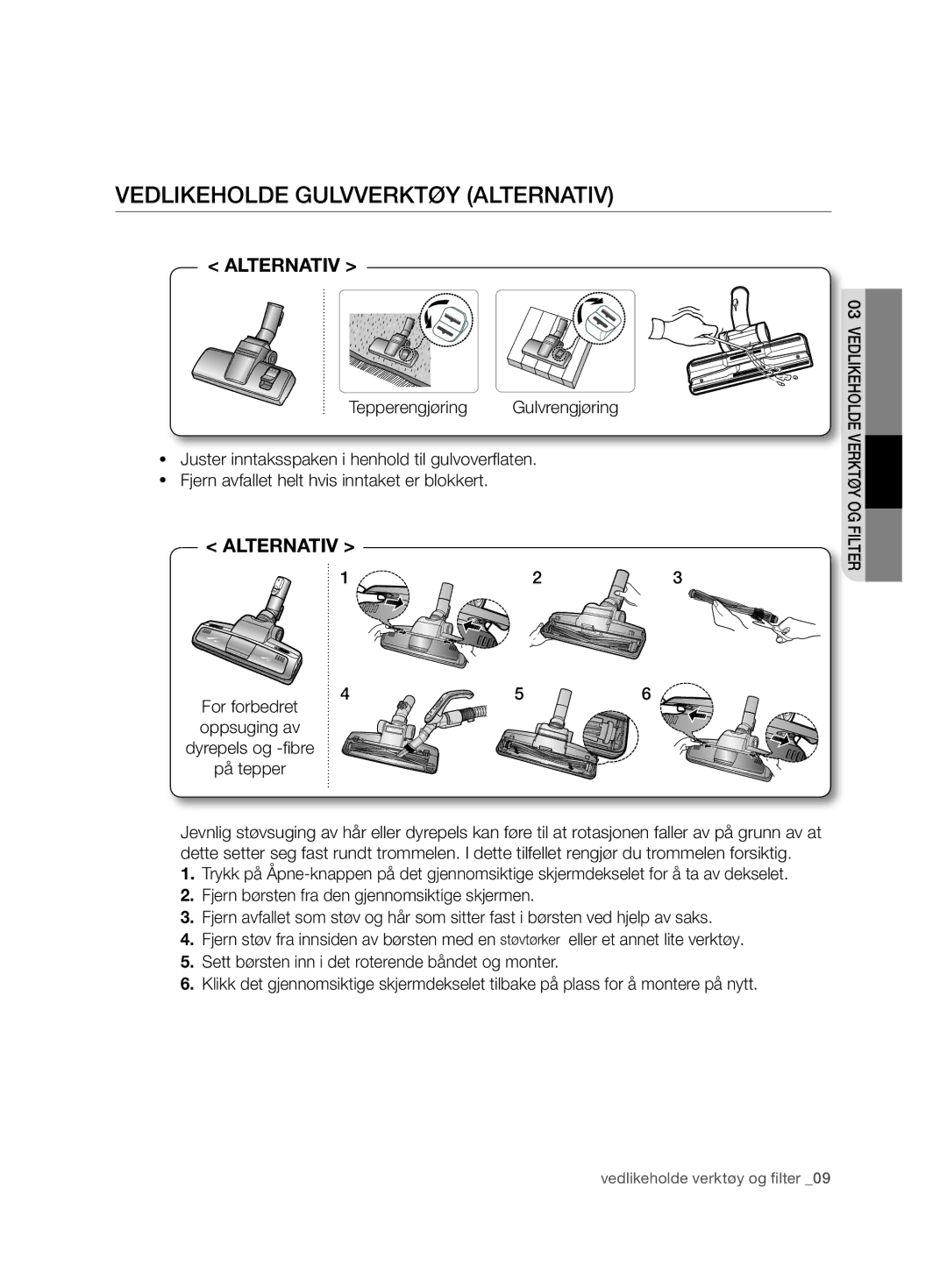 Samsung VCC6750V31/XEE, VCC6750V3R/XEE manual Vedlikeholde gulvverktøy alternativ, Alternativ 