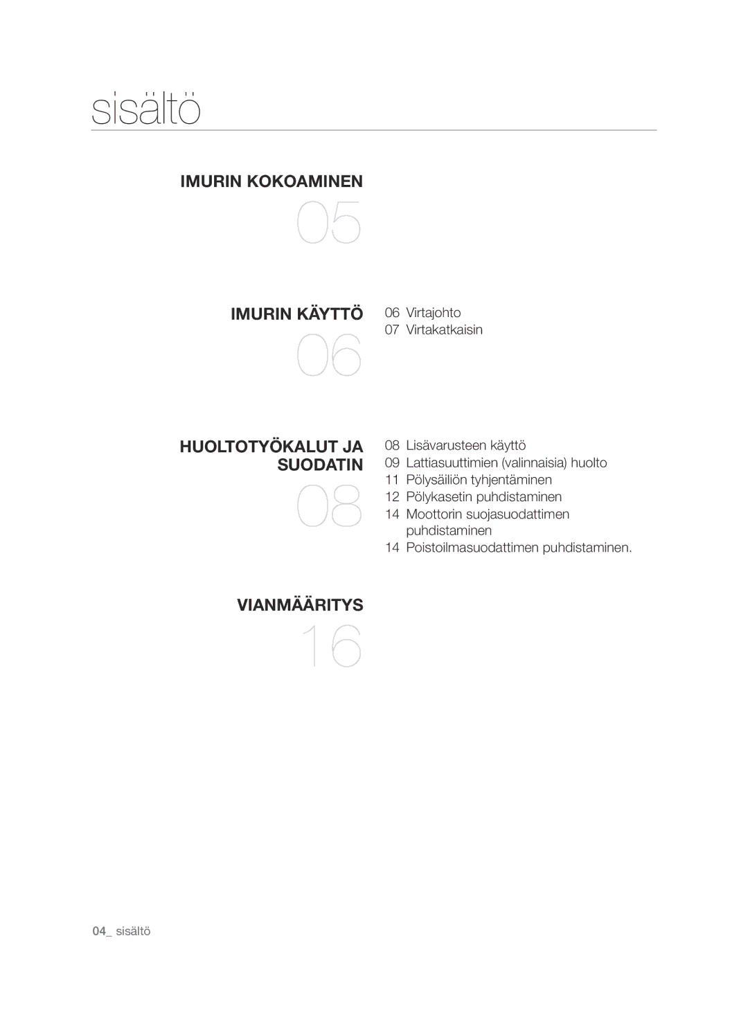 Samsung VCC6750V3R/XEE, VCC6750V31/XEE manual Sisältö 