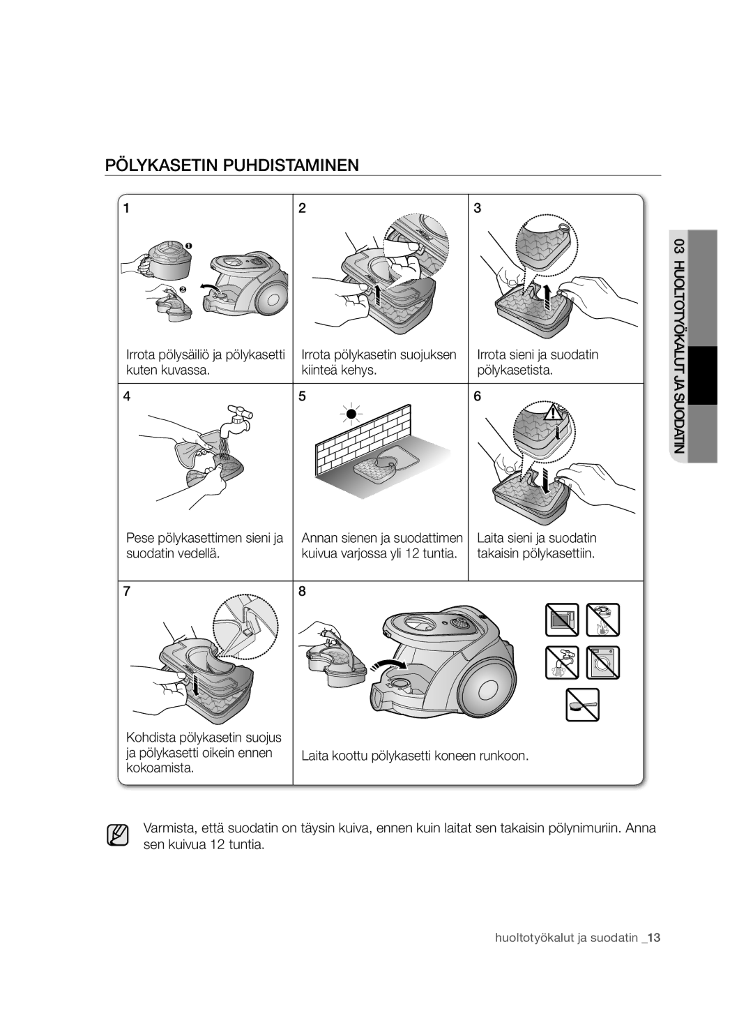 Samsung VCC6750V31/XEE, VCC6750V3R/XEE manual Pölykasetin Puhdistaminen 