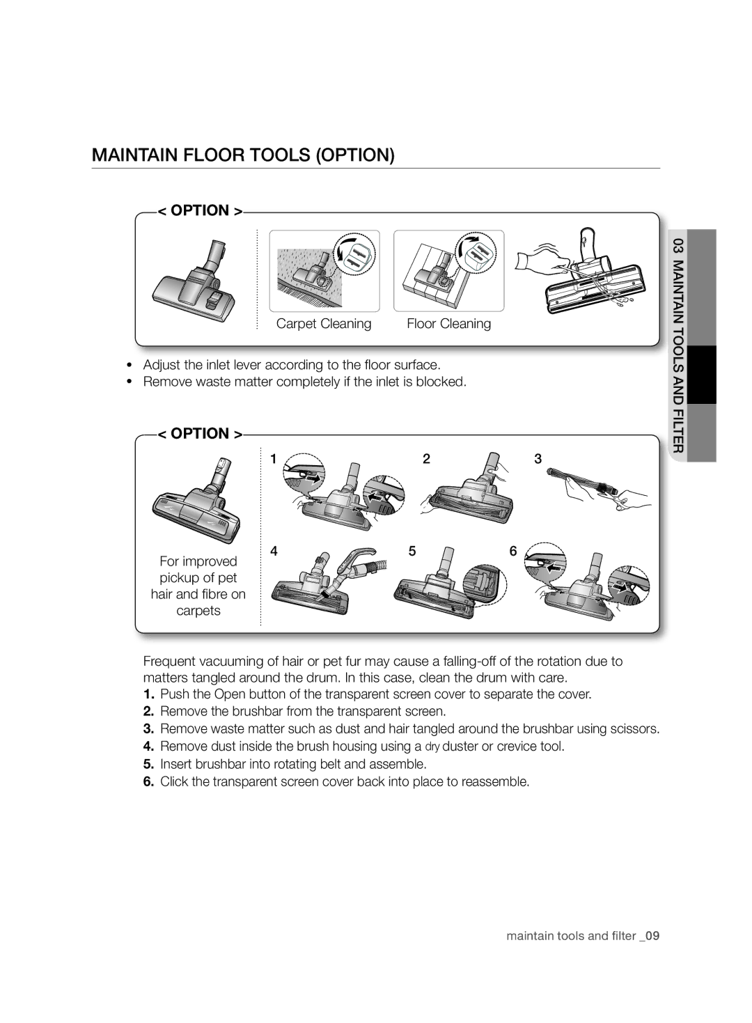 Samsung VCC6750V31/XEE, VCC6750V3R/XEE manual Maintain floor tools Option 