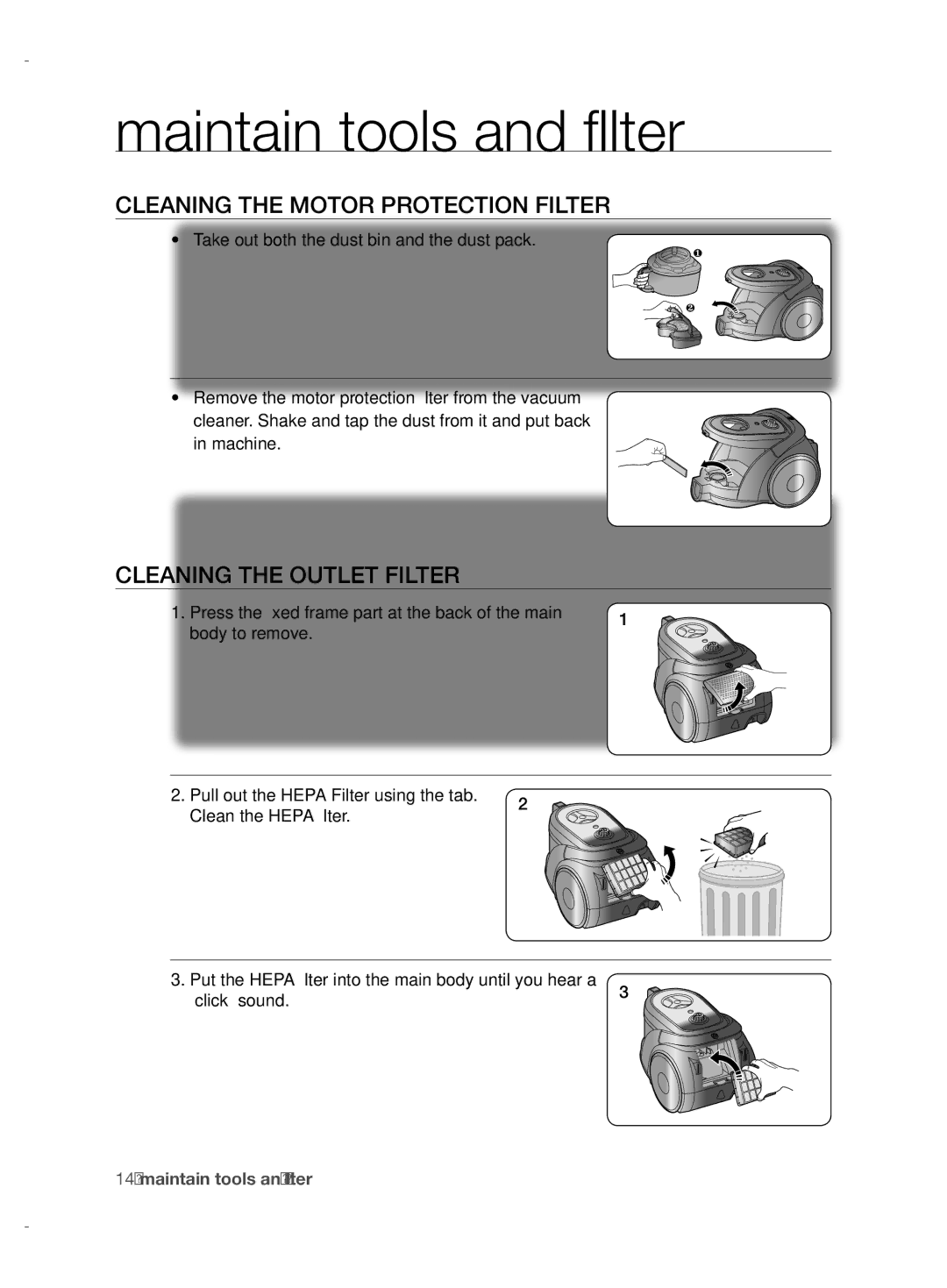 Samsung VCC6750V3B/XEV, VCC6780V3B/ANU, VCC6780V3B/XEF Cleaning the Motor Protection Filter, Cleaning the Outlet Filter 