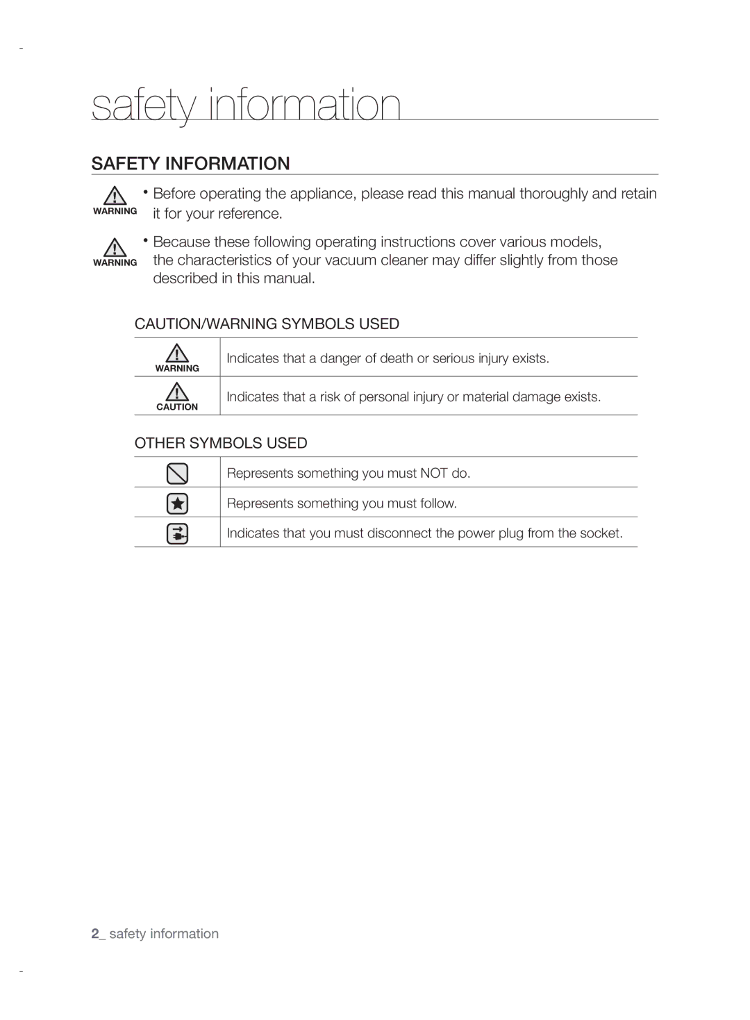 Samsung VCC6750V3B/XEV, VCC6780V3B/ANU, VCC6780V3B/XEF manual Safety information, Safety Information, Other Symbols Used 