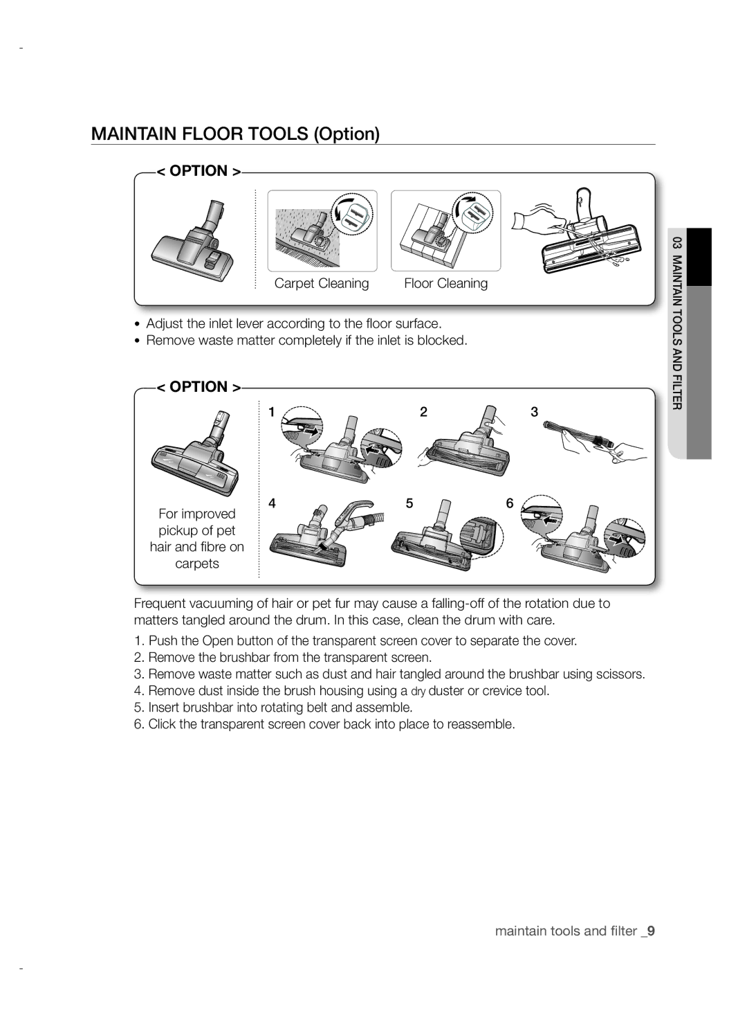 Samsung VCC6780V31/XEF, VCC6780V3B/ANU, VCC6780V3B/XEF, VCC6750V3B/XEV, VCC6780V3W/SML manual Maintain Floor Tools Option 