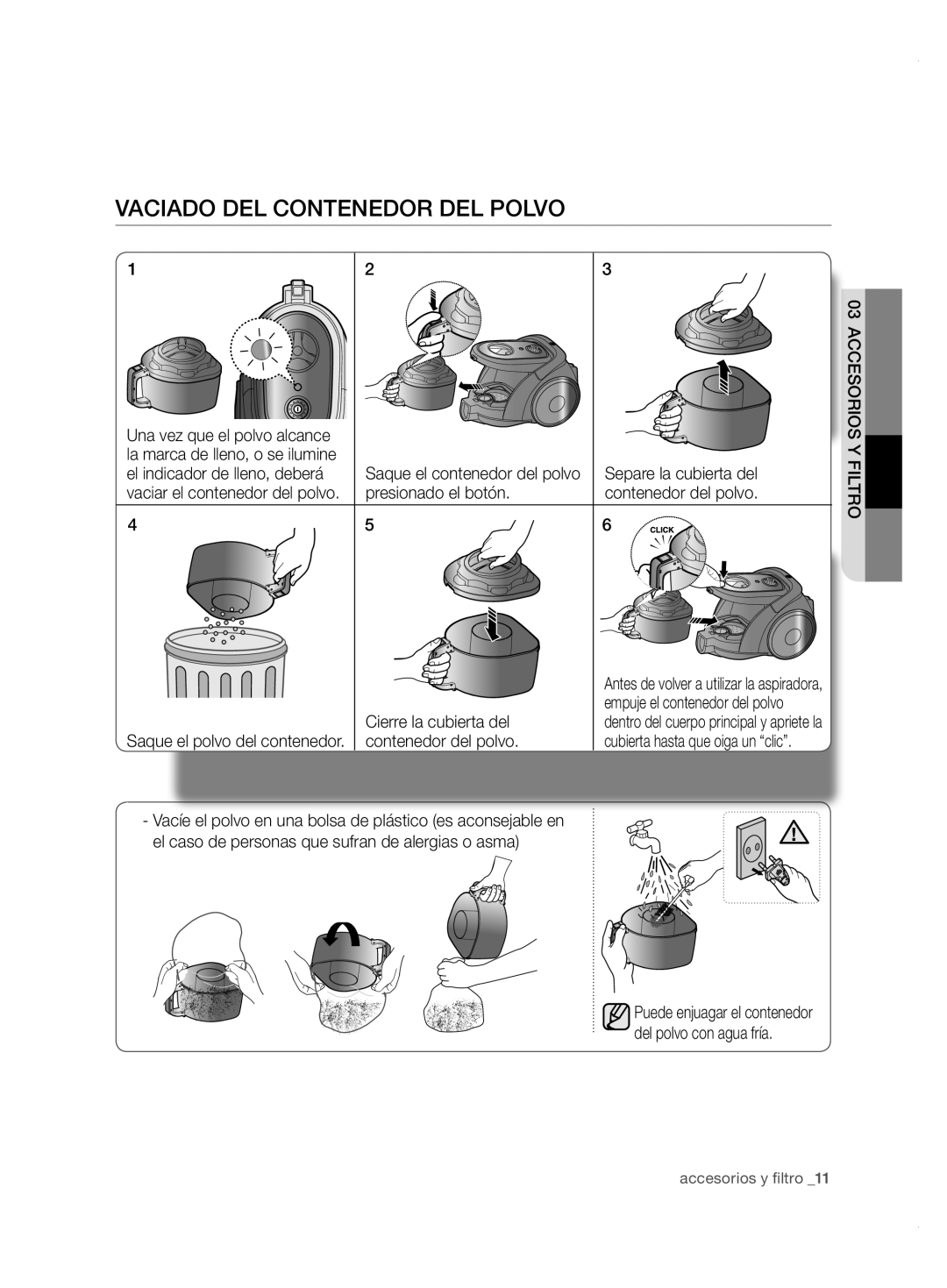 Samsung VCC6780V31/XEC, VCC6780V3B/XEF, VCC6780V31/XEF manual Vaciado del contenedor del polvo, Presionado el botón 