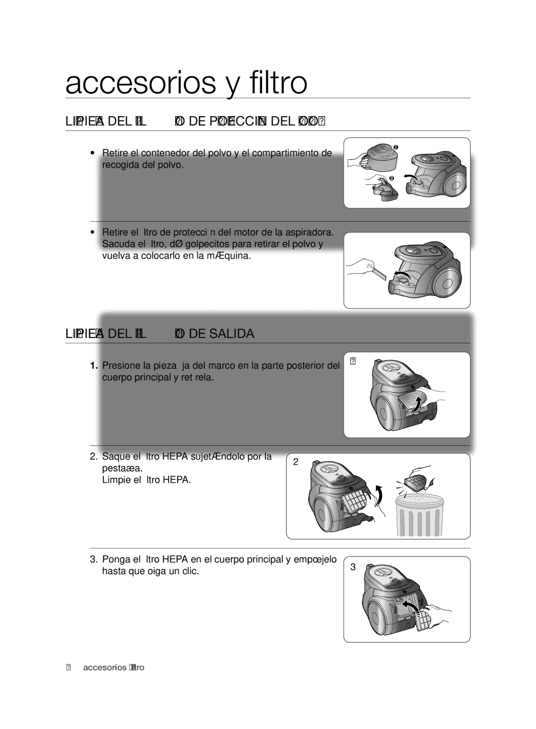 Samsung VCC6780V31/XEC, VCC6780V3B/XEF manual Limpieza del filtro de protección del motor, Limpieza del filtro de salida 