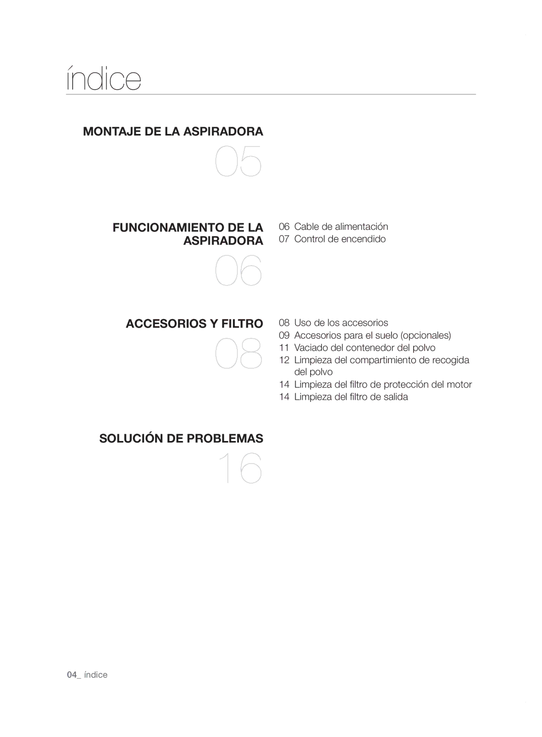 Samsung VCC6780V31/XEF, VCC6780V3B/XEF, VCC6780V31/XEC manual Índice, Accesorios y filtro Solución de problemas 