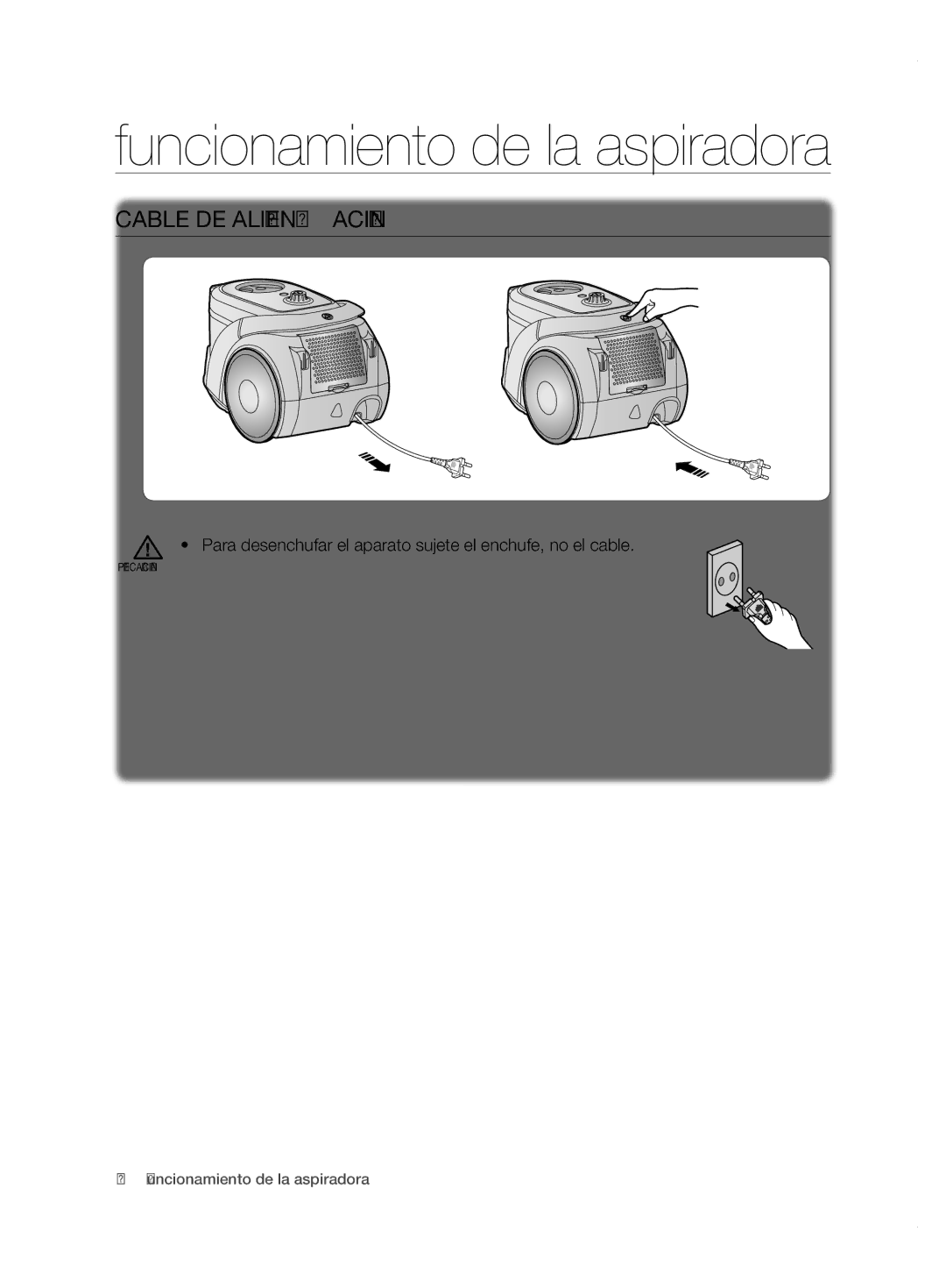 Samsung VCC6780V3B/XEF, VCC6780V31/XEF, VCC6780V31/XEC manual Funcionamiento de la aspiradora, Cable de alimentación 