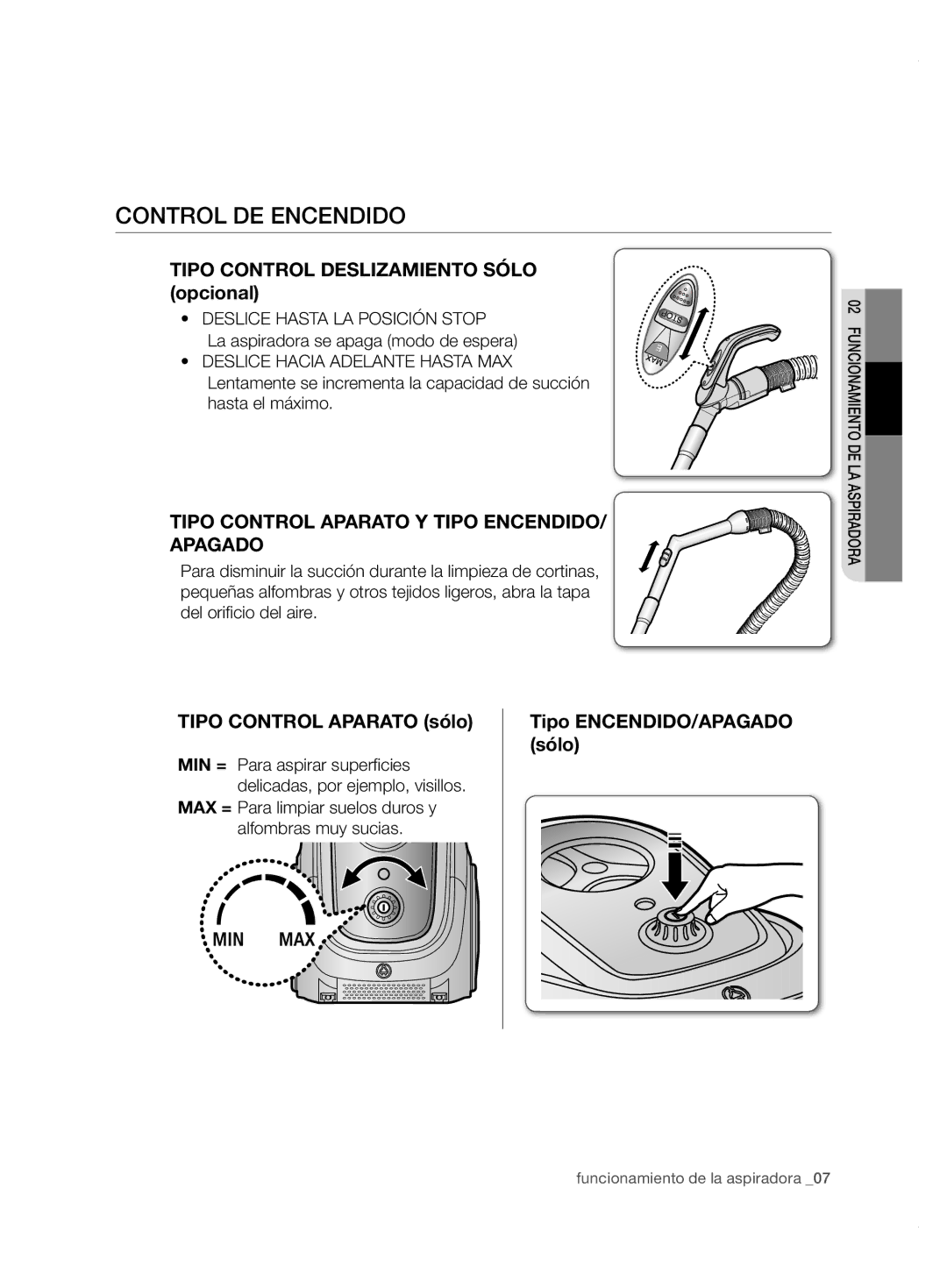 Samsung VCC6780V31/XEF, VCC6780V3B/XEF, VCC6780V31/XEC manual Control de encendido, Tipo Control Deslizamiento Sólo opcional 