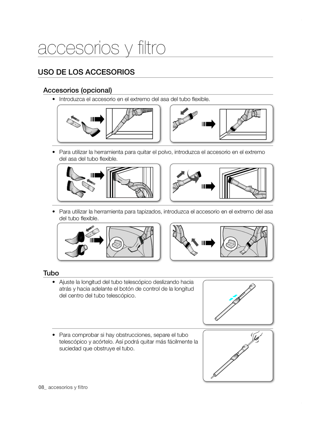 Samsung VCC6780V31/XEC, VCC6780V3B/XEF, VCC6780V31/XEF manual Accesorios y filtro, Uso de los accesorios 