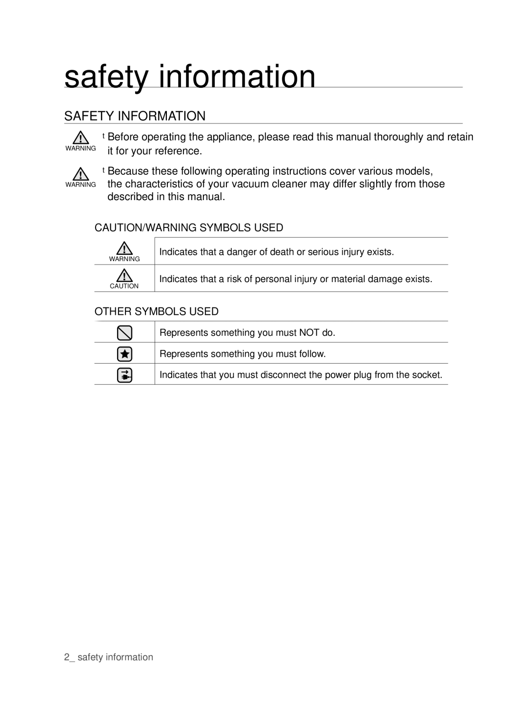 Samsung VCC6780V3W/SML, VCC6780V3R/BOL, VCC6780V3B/ANU, VCC6780V3R/ANU, VCC6780V3R/TWL Safety information, Safety Information 