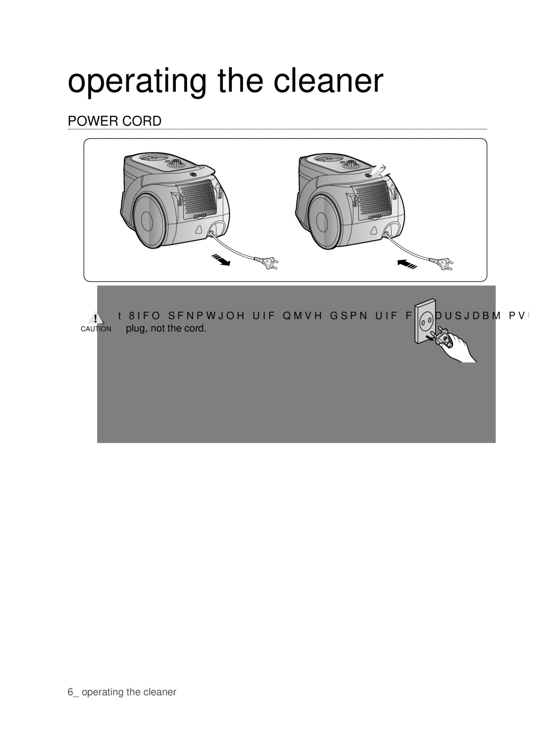 Samsung VCC6780V3R/ANU, VCC6780V3R/BOL, VCC6780V3B/ANU, VCC6780V3W/SML, VCC6780V3R/TWL manual Operating the cleaner, Power Cord 