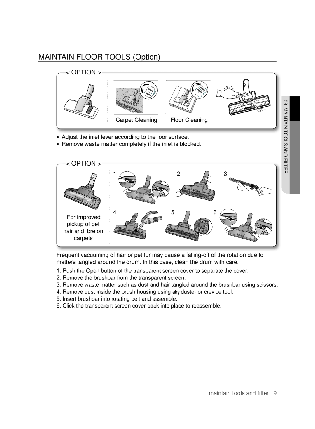 Samsung VCC6780V3R/BOL, VCC6780V3B/ANU, VCC6780V3R/ANU, VCC6780V3W/SML, VCC6780V3R/TWL manual Maintain Floor Tools Option 