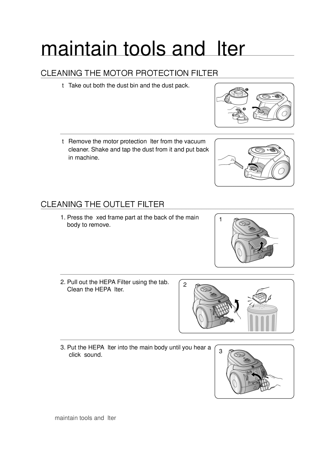 Samsung VCC6780V3R/BOL, VCC6780V3B/ANU, VCC6780V3R/ANU Cleaning the Motor Protection Filter, Cleaning the Outlet Filter 