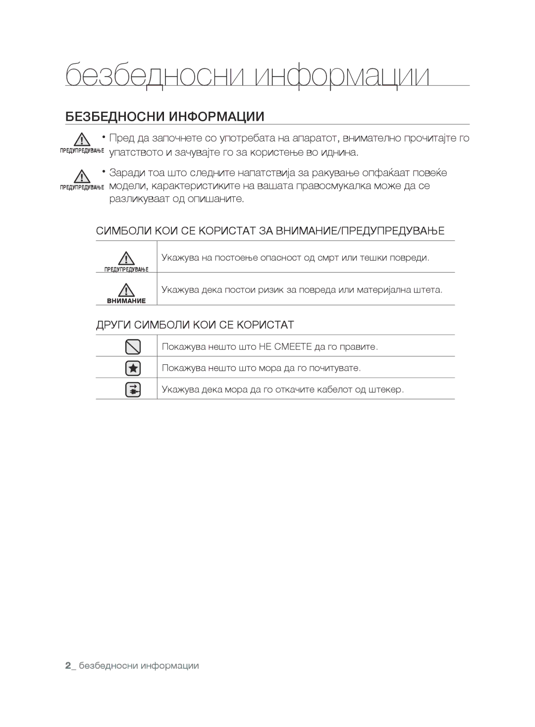 Samsung VCC6790H3R/EGT Безбедносни информации, Безбедносни Информации, Симболи КОИ СЕ Користат ЗА ВНИМАНИЕ/ПРЕДУПРЕДУВАЊЕ 