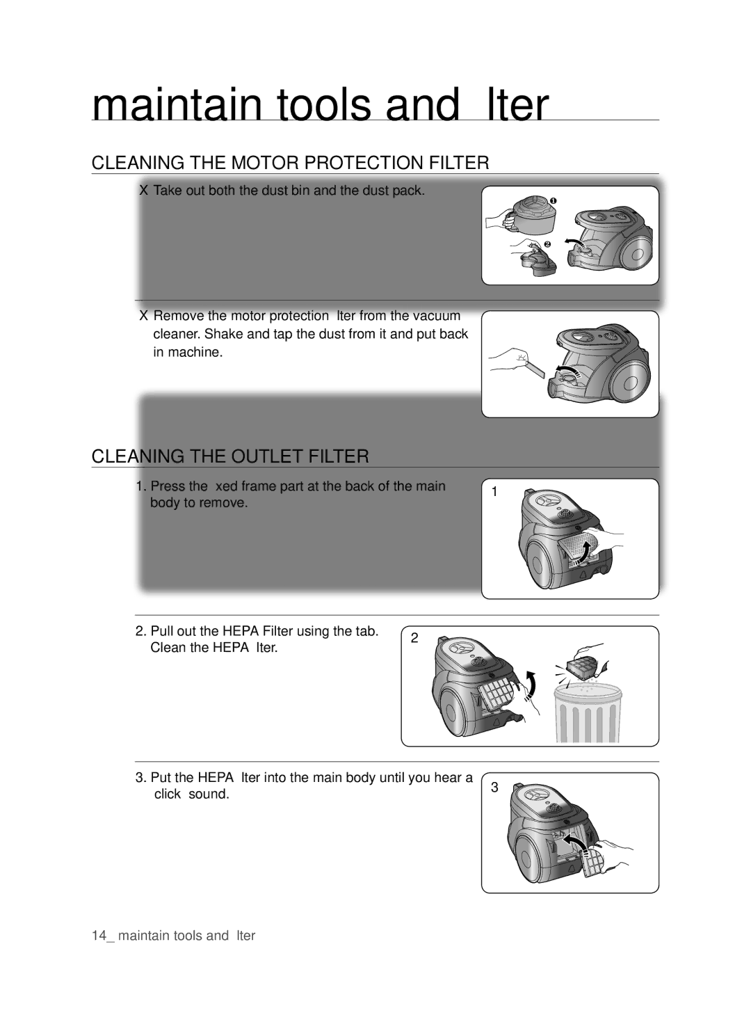 Samsung VCC6780V3W/SML, VCC6780V3R/BOL, VCC6780V3B/ANU Cleaning the Motor Protection Filter, Cleaning the Outlet Filter 