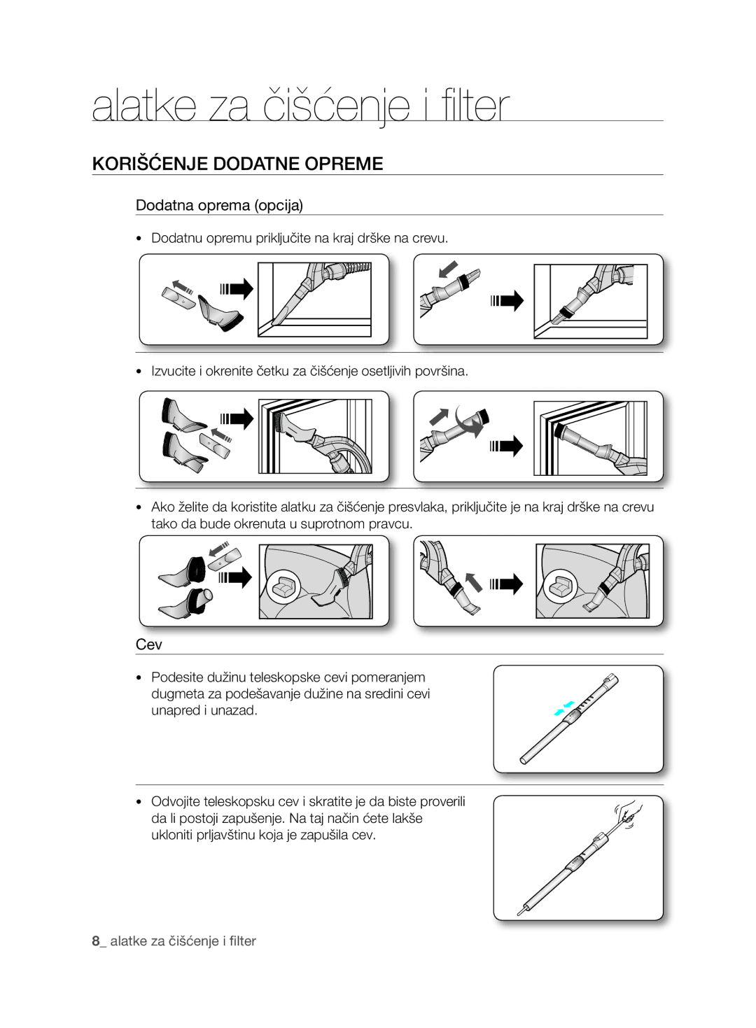 Samsung VCC6780V4R/ATC, VCC6780V3R/BOL, VCC6780V3B/ANU manual Alatke za čišćenje i filter, Korišćenje dodatne opreme 